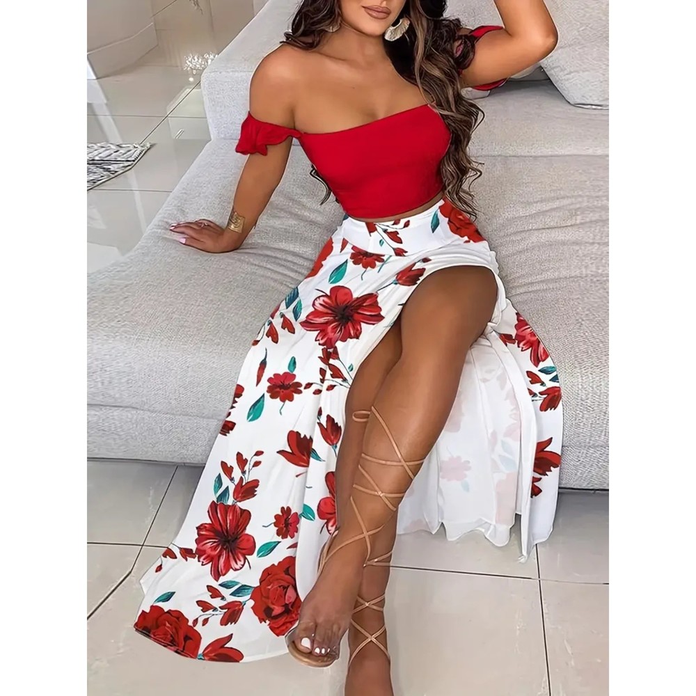 Boho 2 Pieces Set Off Shoulder Smocked Tube Top & High Waist Split Thigh Skirts